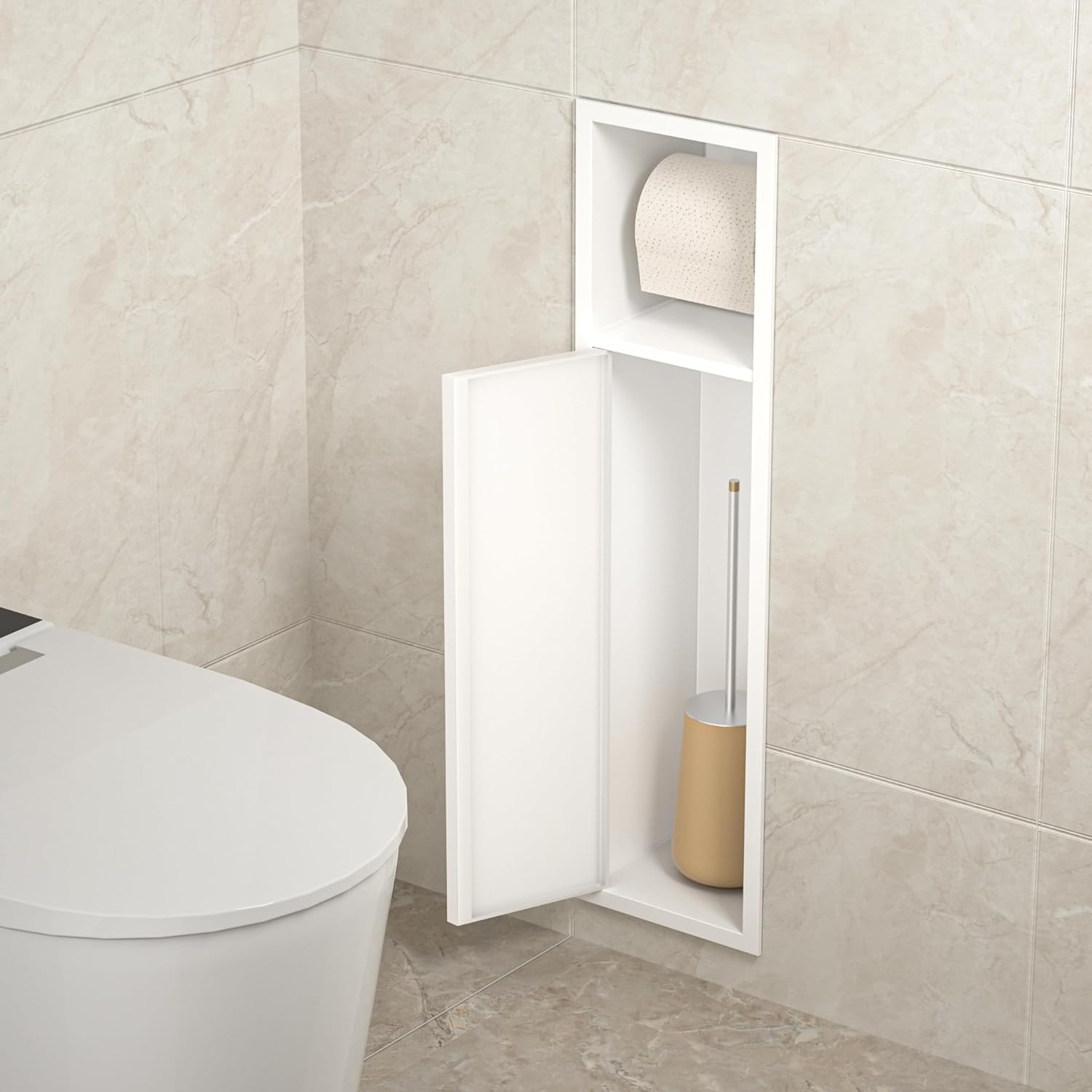 Unterputz-Schrankmodul Edelstahl für die Klobürstengarnitur, Badezimmerschrank mit Toilettenpapierhalter,Mit Schiebetür, 63x15x15 cm, Weiß