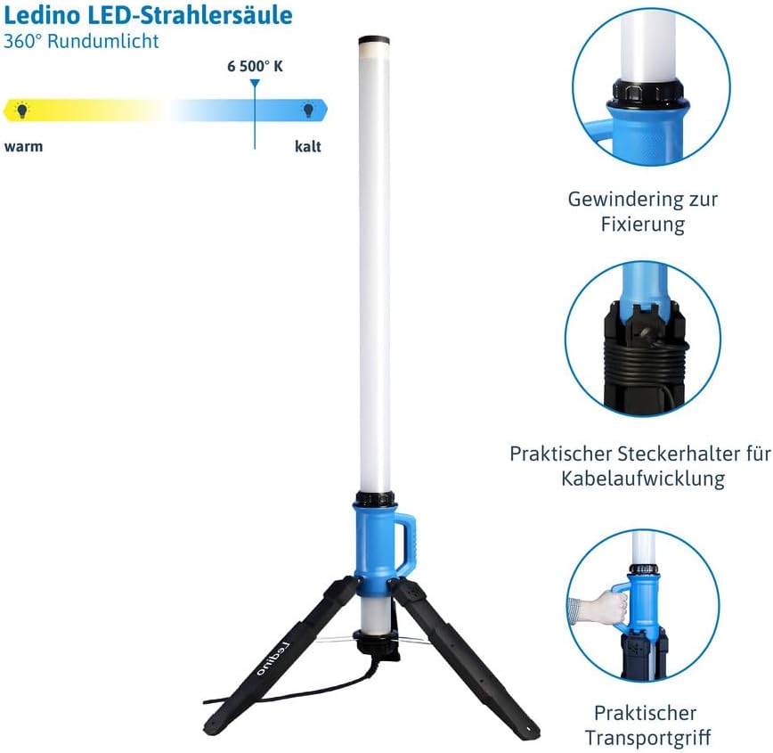 Ledino LED Stehlampe 120W | 360° Lichtsäule | 14400lm | IP69K | LED Baustrahler | Flutlicht für Werkstatt & Baustelle | nicht dimmbar | 5m Kabel