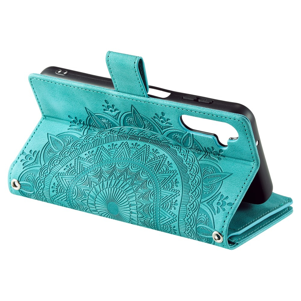 Samsung Galaxy A54 5G Leder Tasche Flip Cover mit Reissverschluss - Mandala Flowers Imprint - Türkis