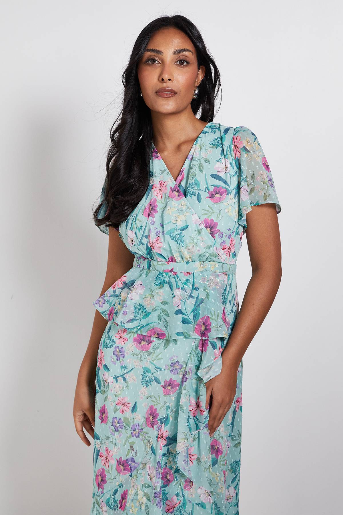 Wallis Robe Midi Péplum À Volants Et Imprimé Fleuri Petite