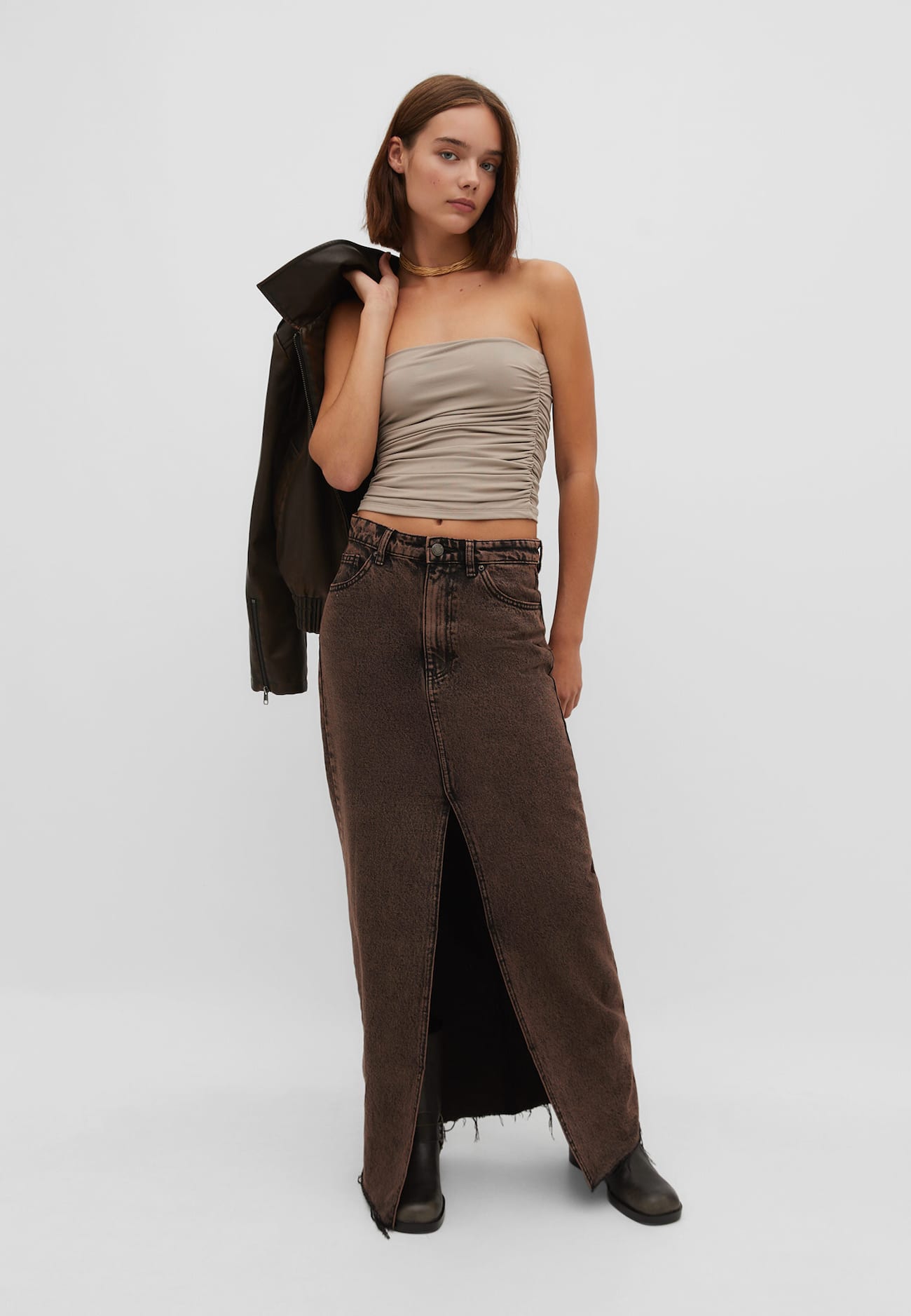 Top bandeau franzido em poliamida