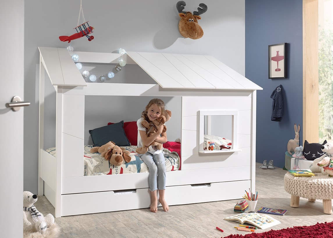 Baumhaus Bett 90 x 200 cm Liegefläche und Bettschublade offenes Dach Weiß lackiert