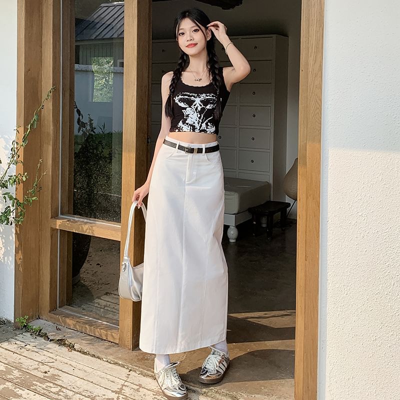 Notica - Hoge taille effen maxi-kokerrok met split van denim