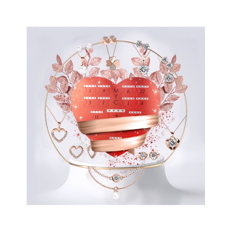 Calendrier de l'avent coeur - 14 bijoux - Or Rosé et Cristal