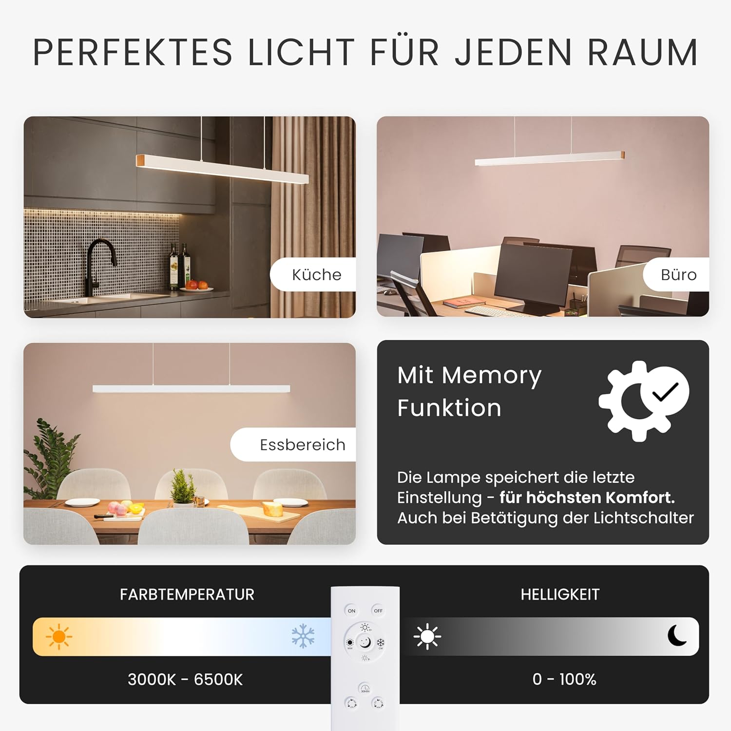 MATO LED Pendelleuchte Esstisch Höhenverstellbar Weiß - Lichtfarbe stufenlos einstellbar & dimmbar per Fernbedienung - 150cm Länge - Esstischlampe hängend, Esszimmerlampe, Hängelampe Esszimmer