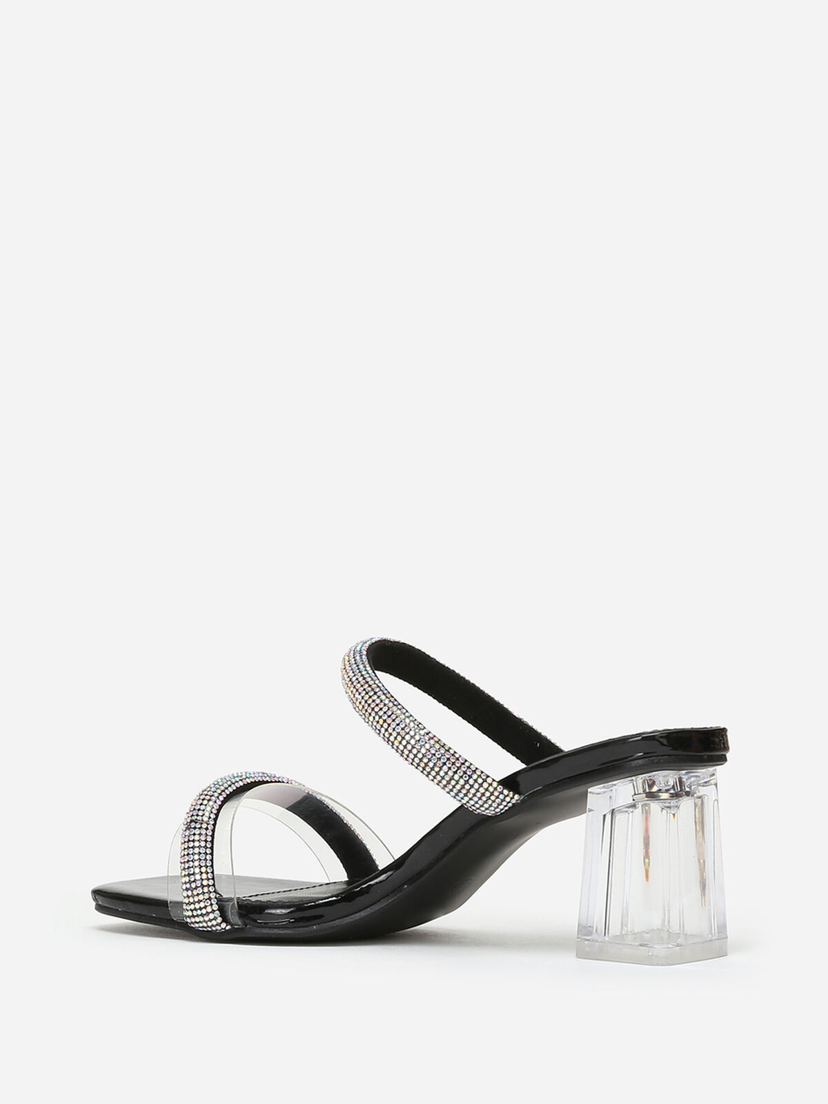 Mules à talon transparent et strass- Noir