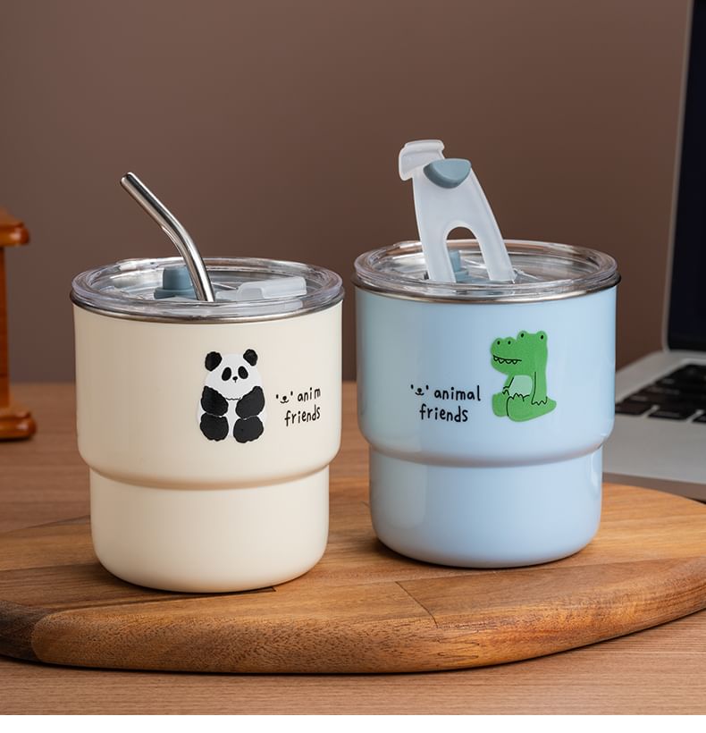 Koringa - Panda RVS drinkfles met rietje