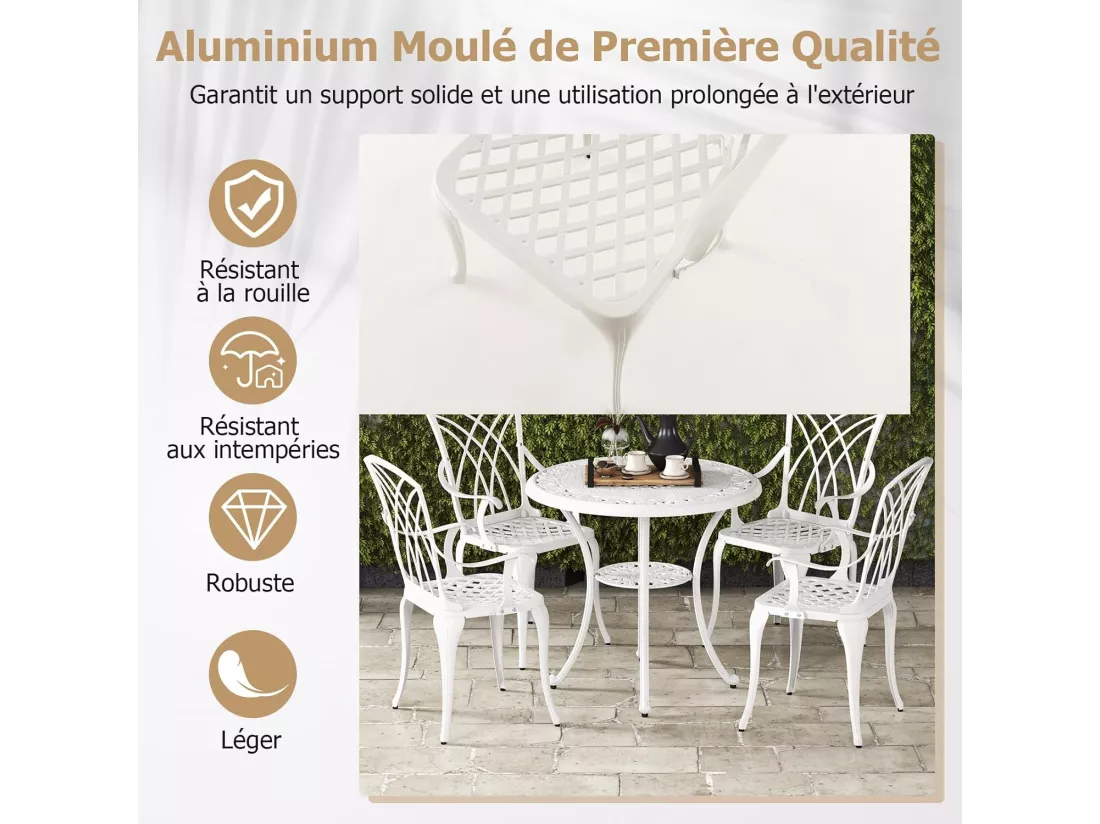 Ensemble Bistrot pour Patio 5 Pièces en Fonte d'Aluminium, Table Ronde avec Trou pour Parasol et 4 Chaises, Salon de Jardin Résistant aux Intempéries pour Jardin Terrasse, Blanc
