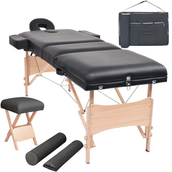Conj. Mesa Massagem Dobrável 3 Zonas   Banco 10cm Espess. Preta