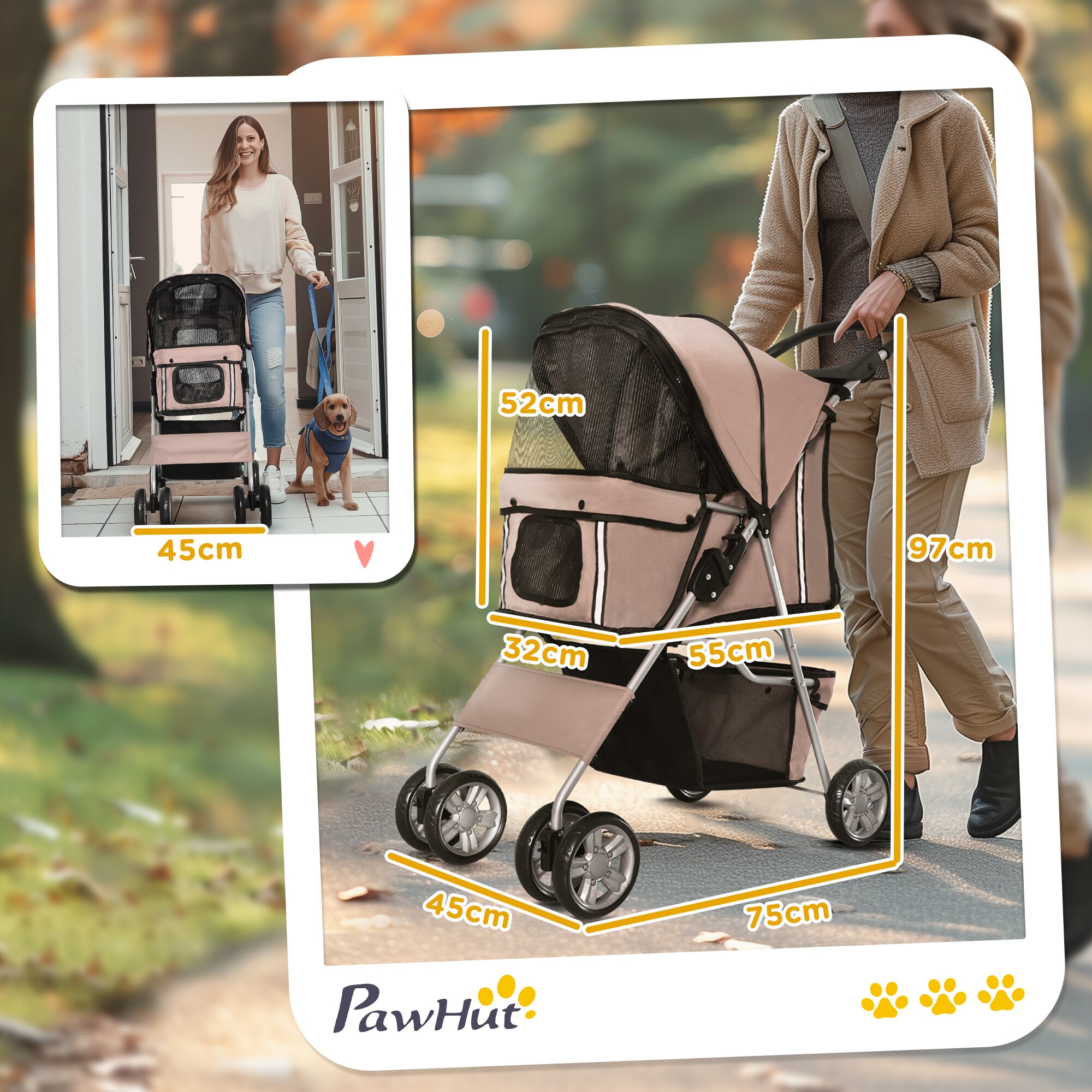PawHut Pet Stroller mit Gitternetz kaffeebraun 75 x 45 x 97 cm (LxBxH)