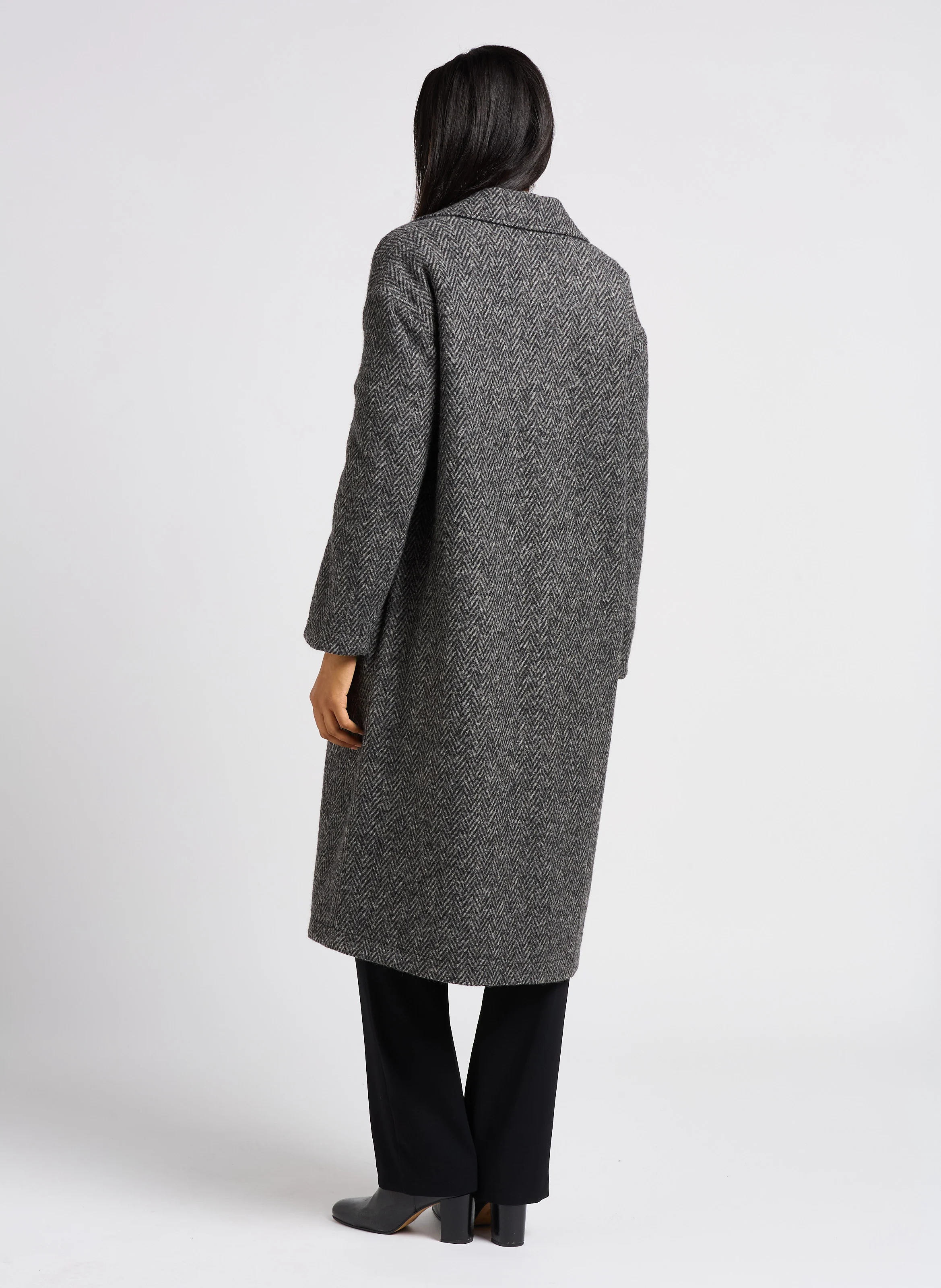 Manteau long réversible col tailleur à chevrons en laine mélangée | Noir