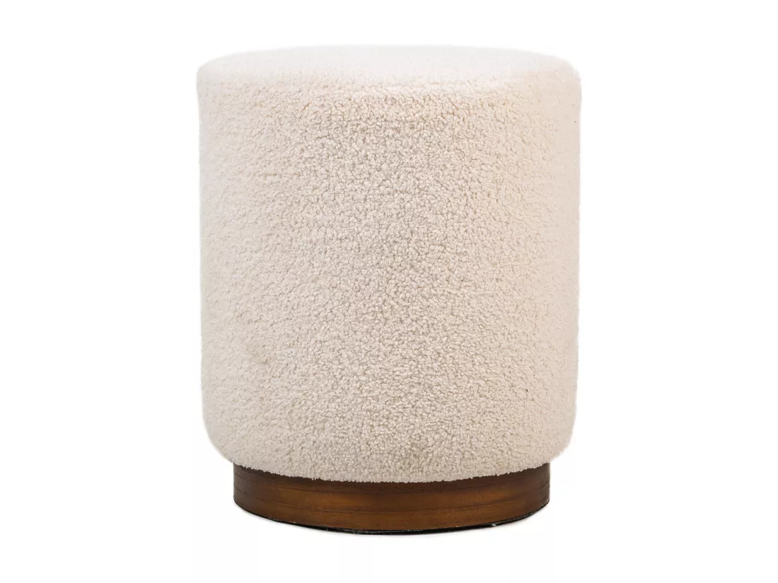 Pouf en bouclettes blanches et base en bois