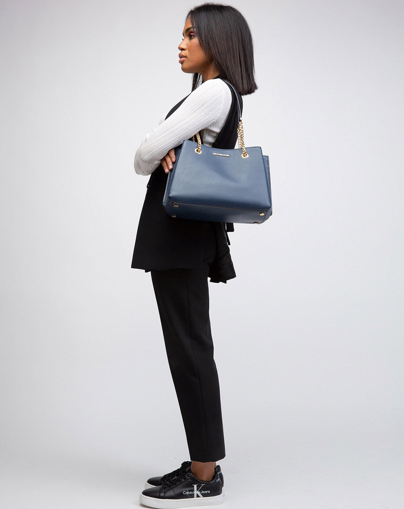 Michael Kors Sac porté épaule en Cuir Teagan bleu marine - 30x22x14 cm