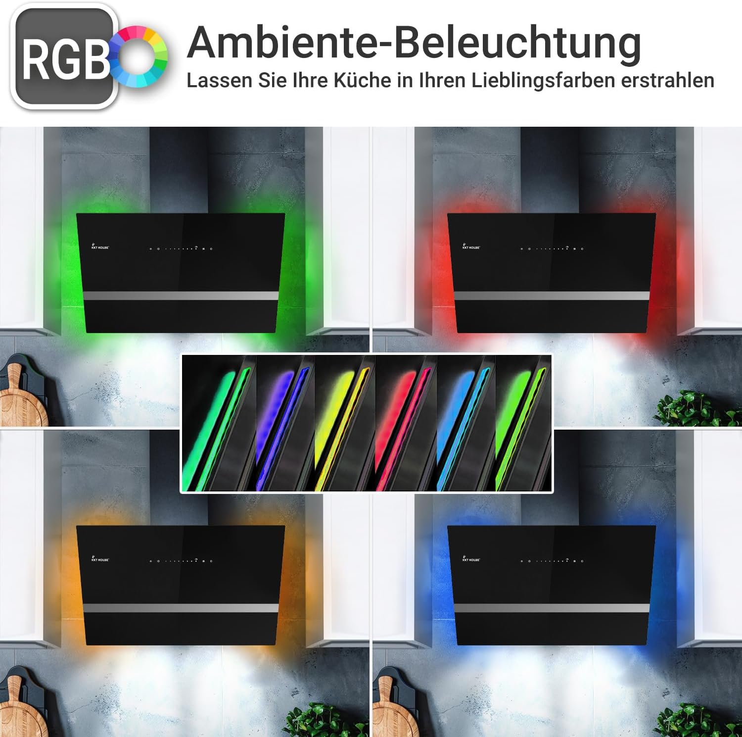 KKT KOLBE Dunstabzugshaube 80 cm | 782 cbm/h Umluft Abluft | Kopffrei | Wandhaube | Schwarz Glas | Smart WiFi App WLAN | RGBW-LED-Beleuchtung | EASY8005SM