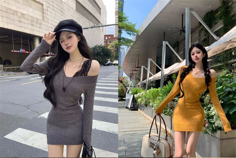 Trendycas - Lange mouw off-shoulder effen gebreide mini-jurk / kanten tanktop