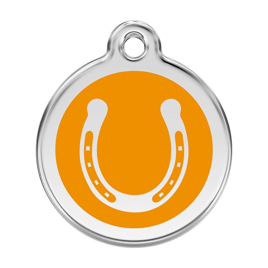 Placa de identificação para cães em aço inoxidável esmaltado laranja com formato de ferradura