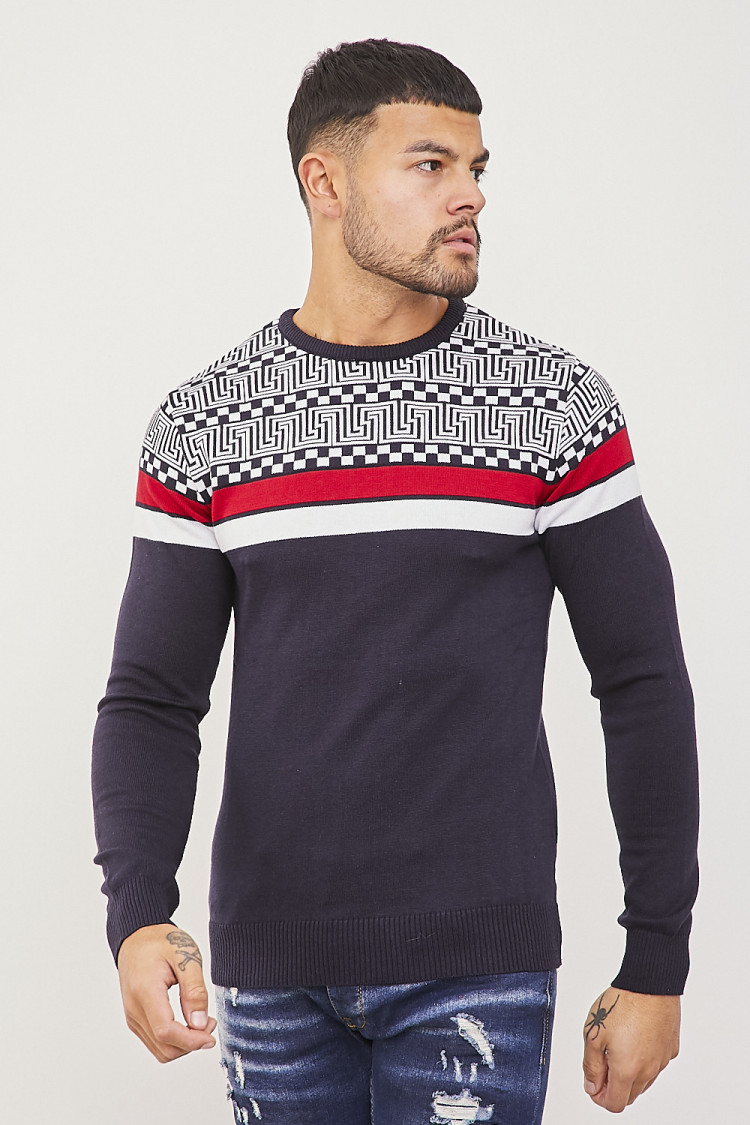 Pull en maille bleu à motifs grecs et bandes