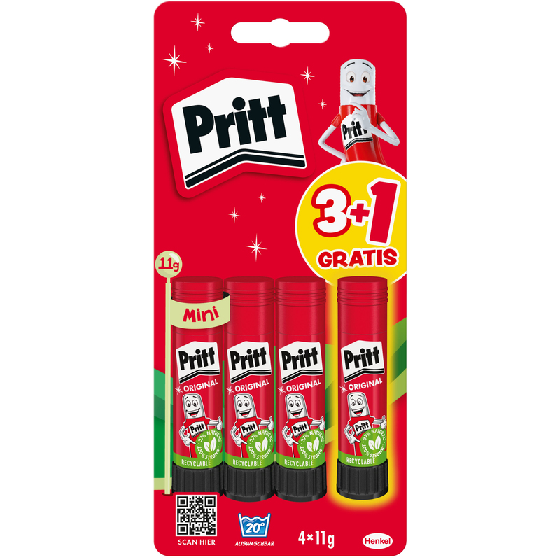 Pritt Klebestift, Mini Original, 3+1 Gratis, 11 g