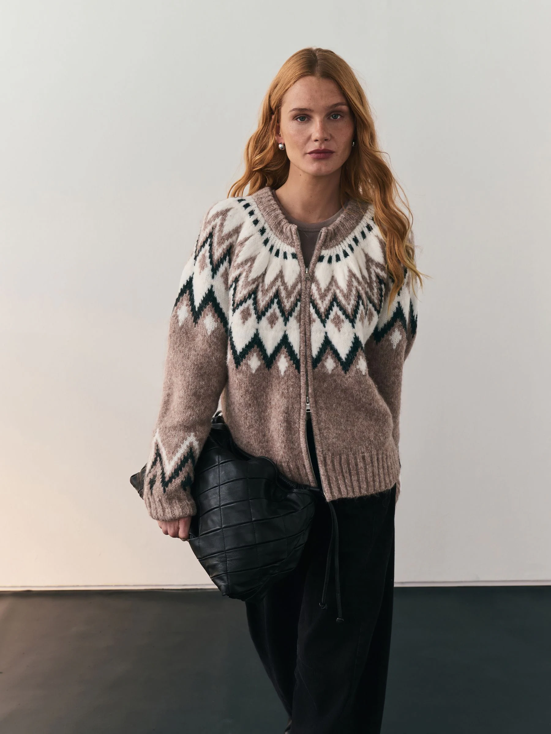 Taupe - Nothing Ordinary Check Fairisle Pattern Knit Zip Through Jumper With Wool