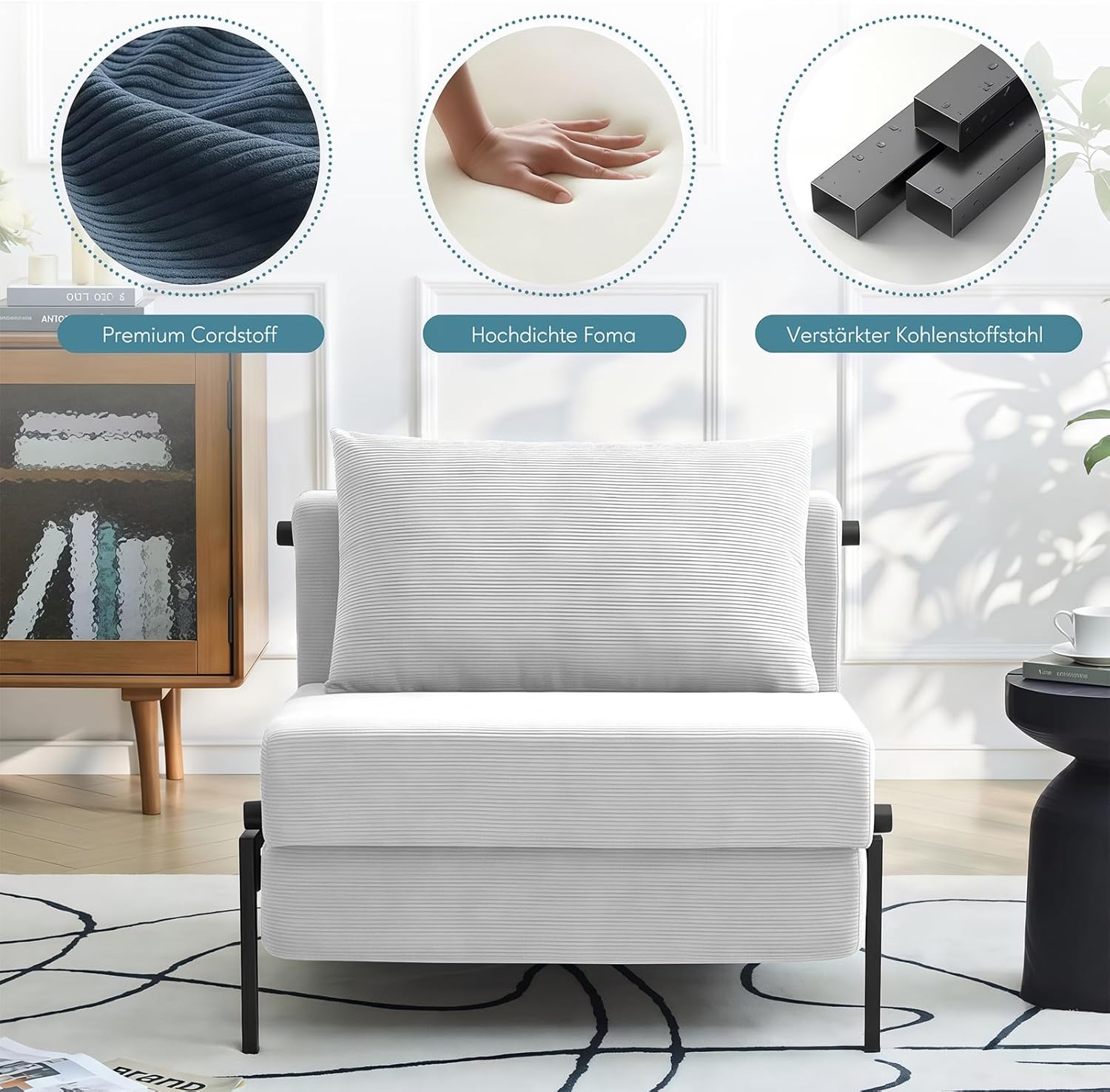 Generisch Schlafsofa mit Schlaffunktion, Schlafsessel 2 in 1 mit Bettfunktion, 190 x 80 cm Gästebettfür, Cord-Schlafsofa mit Kissen für Wohnzimmer & Schlafzimmer, Weiß, 80cm