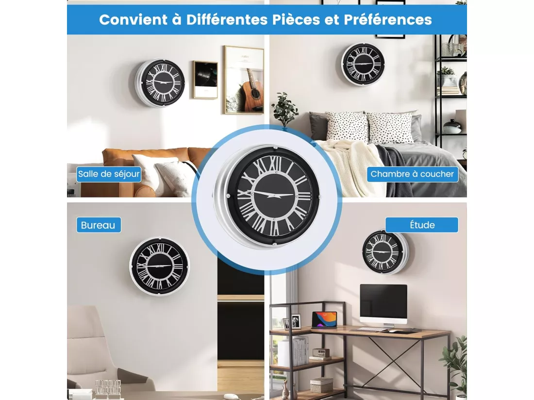 Horloge murale silencieuse de 34,5 cm, horloge ronde pour chambre bureau salon,noir+argent