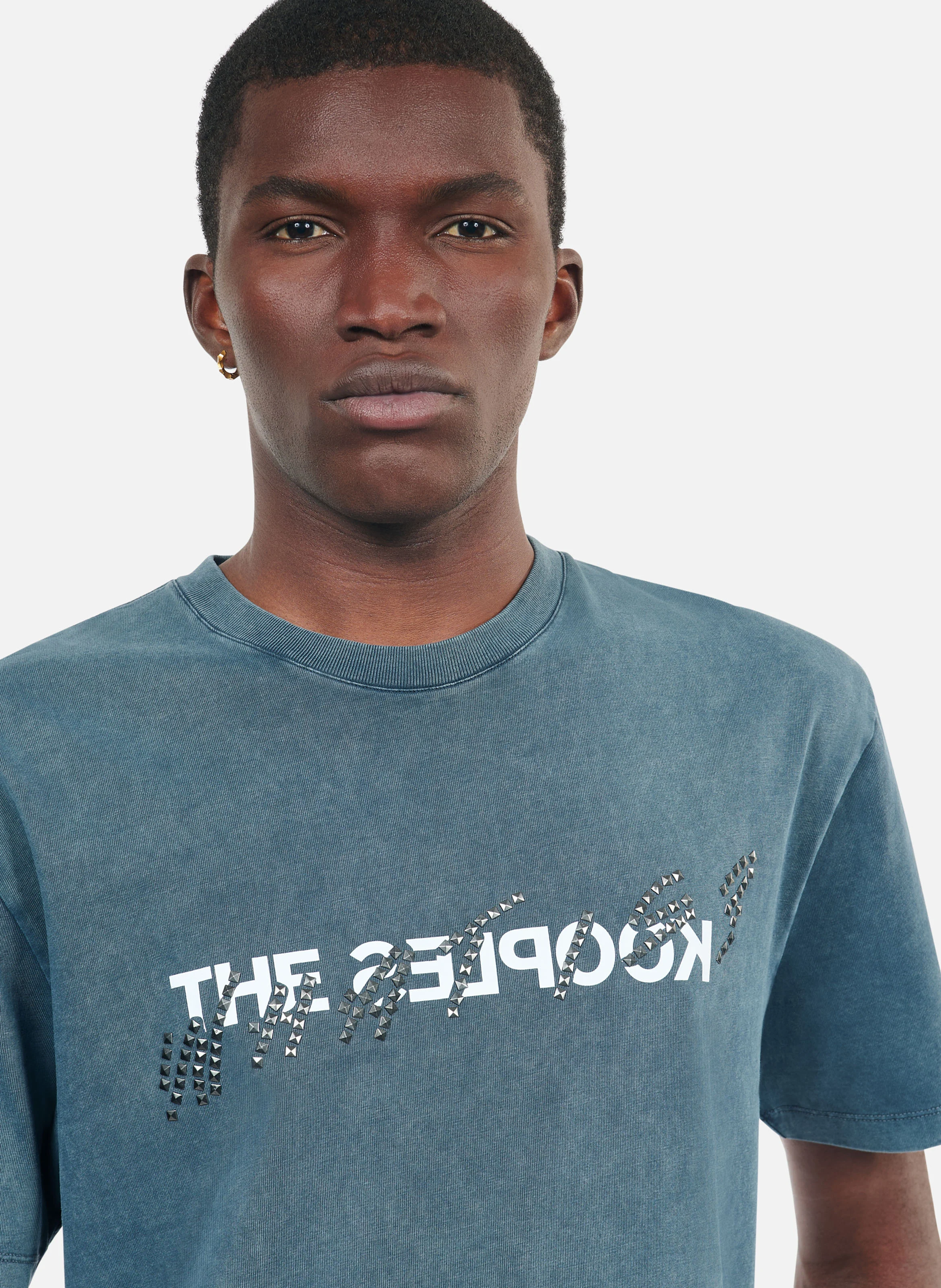 Tee-shirt col rond droit en coton sérigraphié | Bleu