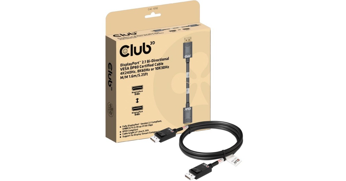 Club 3DDisplayPort 2.1 Bi-Directional VESA DP80 Certified kabel 4K 240 Hz  (1,6 meter)