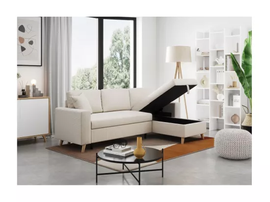 Canapé d'angle 4 places réversible et convertible Maria scandinave en velours côtelé fin - Beige - L227 x 147 x 89cm - Loungitude