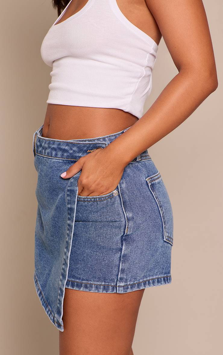 Mid Blue Wash Jupe-short En Jean Délavage Bleu Moyen Avec Devant Cache-cœur Petite