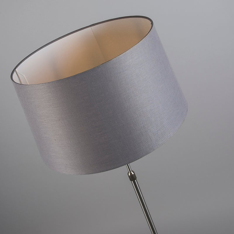 QAZQA - Moderne vloerlamp | Staande lamp | Vloerlamp | Lamp | Licht staal | Zilver | Mat nikkel met grijze lampenkap 45 cm verstelbaar - Parte | Woonkamer | Slaapkamer - Rond staal | Langwerpig