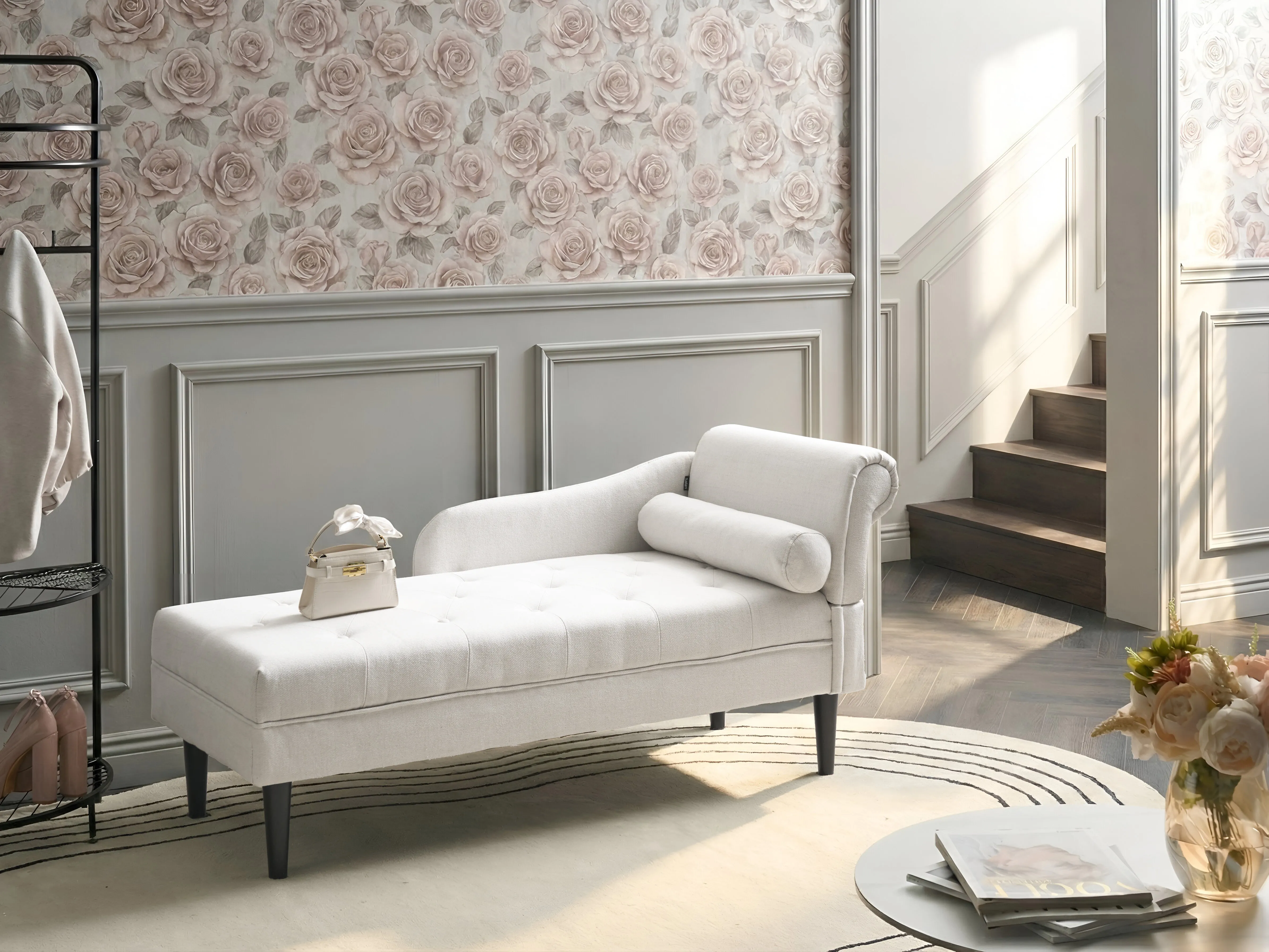 Rechtszijdige chaise longue YVOIRE Stof Gebroken wit