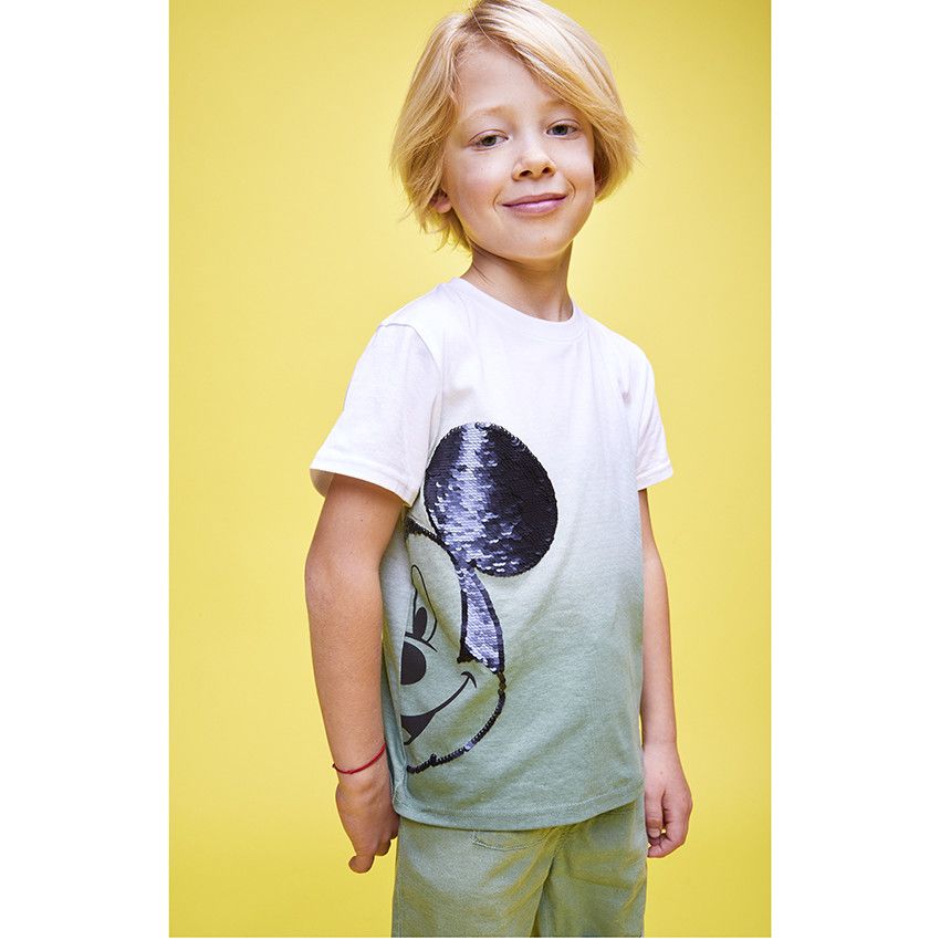T-shirt manches courtes Mickey Disney en sequins magiques pour garçon - Blanc