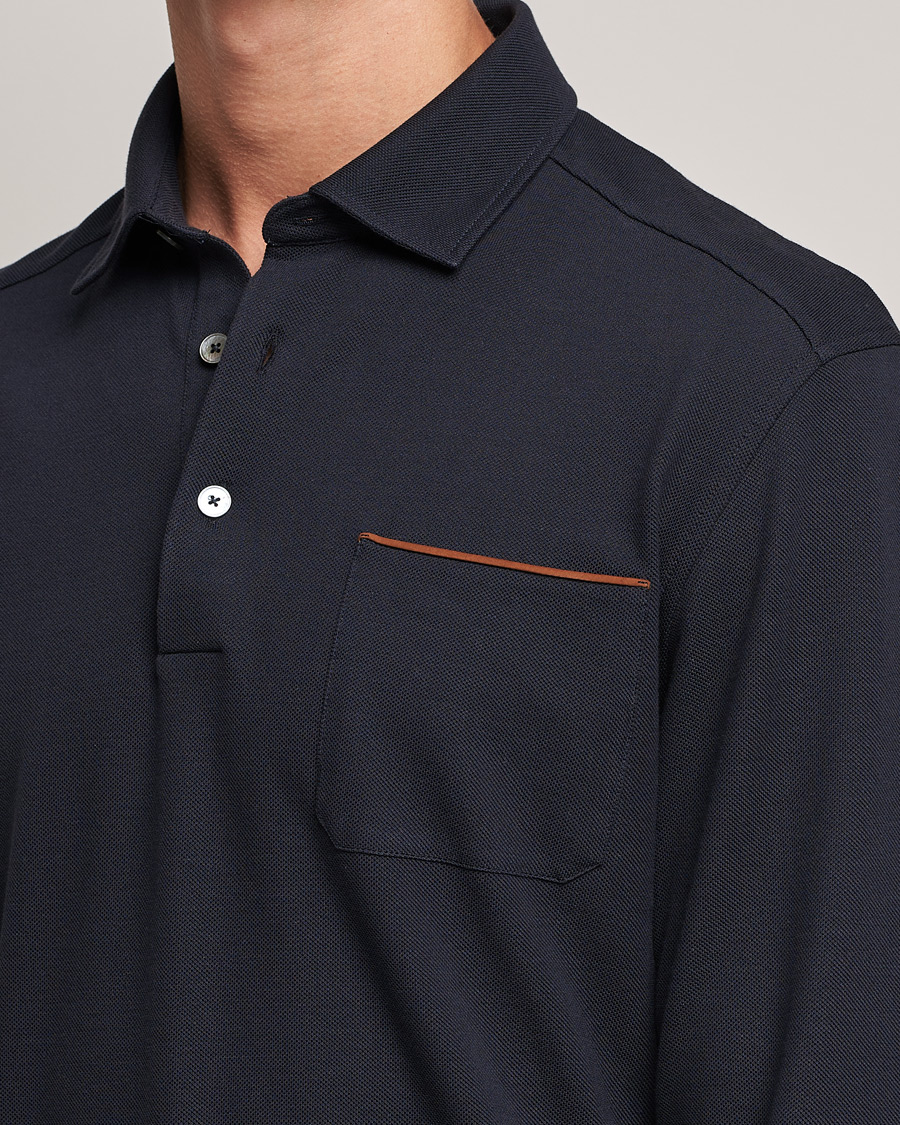 Zegna Long Sleeve Cotton Piquet Polo Navy