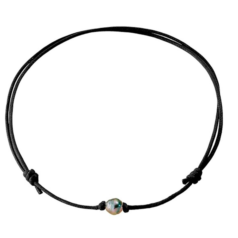 Collier Perle de Tahiti et Coton Ciré Noir