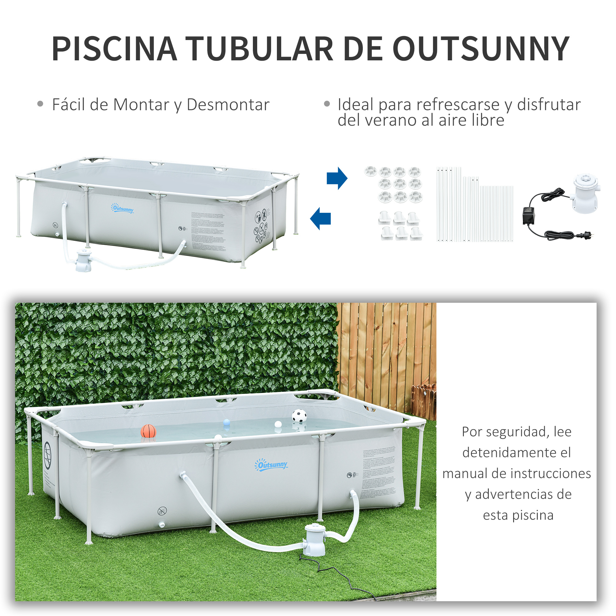 Piscina tubular Outsunny de 252x152x65 cm com bomba de filtro de cartucho de 1200L/H, piscina retangular para exterior para adultos e crianças, 2163L, cinza.