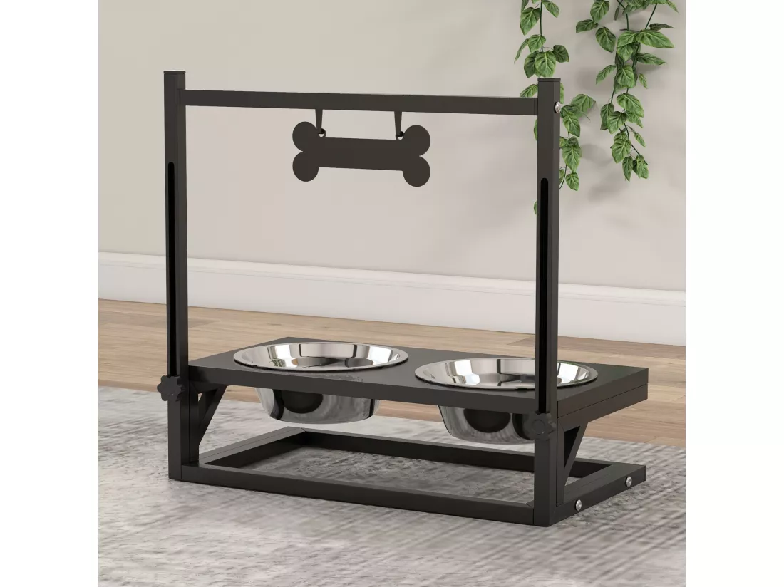Gamelle double chien porte-gamelles surélevé hauteur réglable 2 gamelles acier inox. incluses métal noir