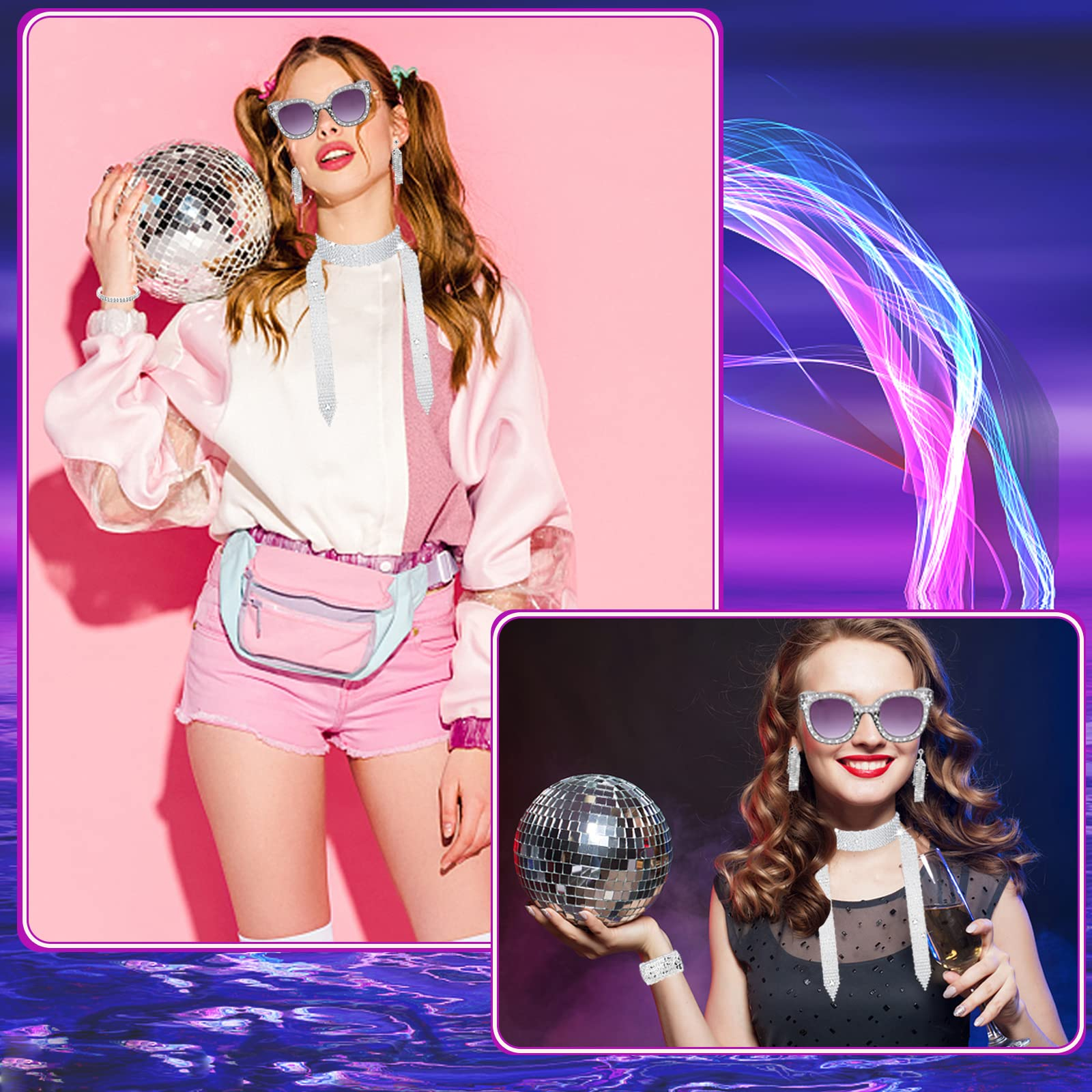 (7-tlg. Set) 70er Jahre Pailletten Kostüm Zubehör Motto Party Accessoire Fasnachts Foto Requisite mit Haarband / Ohrringe / Schal - Silber