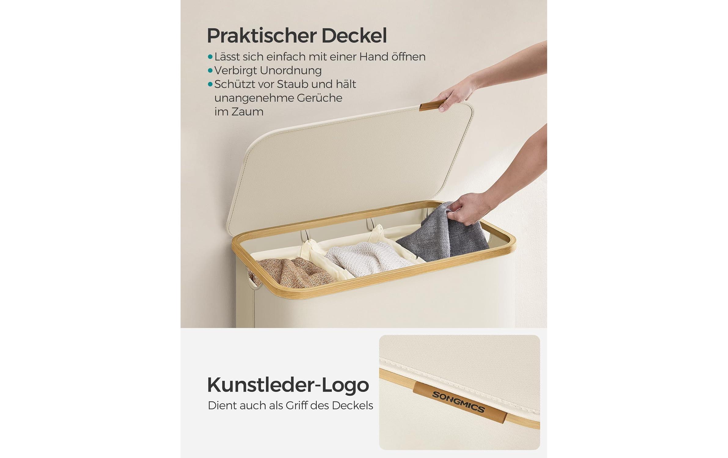 Wäschekorb 130 l, BeigeWäschesammler mit drei Fächern