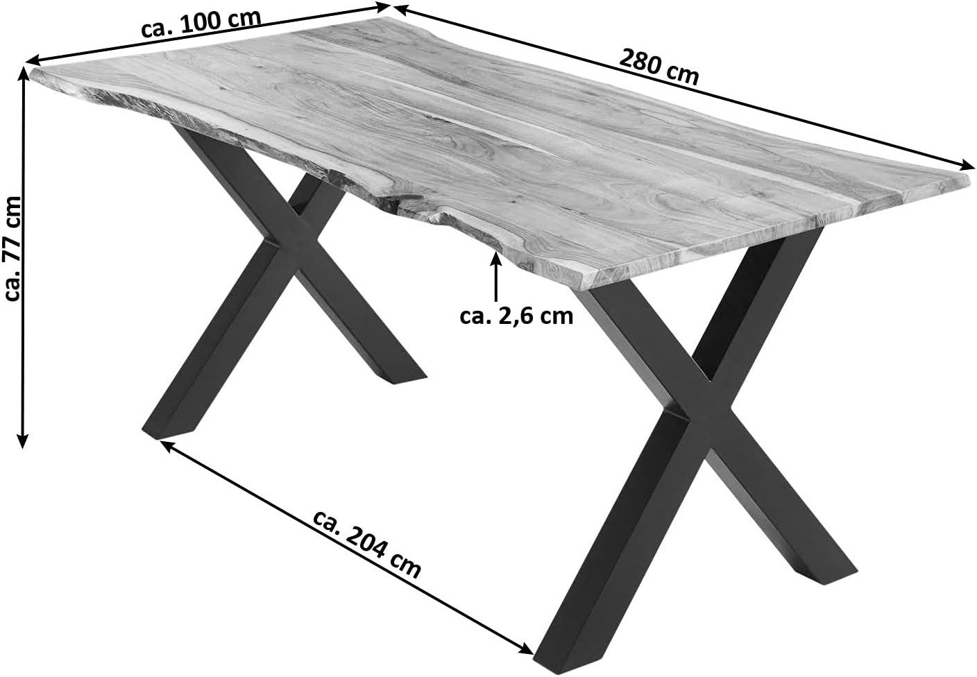 SAM Esstisch 280x100 cm Burgos, Akazienholz massiv + naturfarben + lackiert, echte Baumkante, Baumkantentisch mit X-Gestell aus Metall schwarz, Tischplatte 26 mm