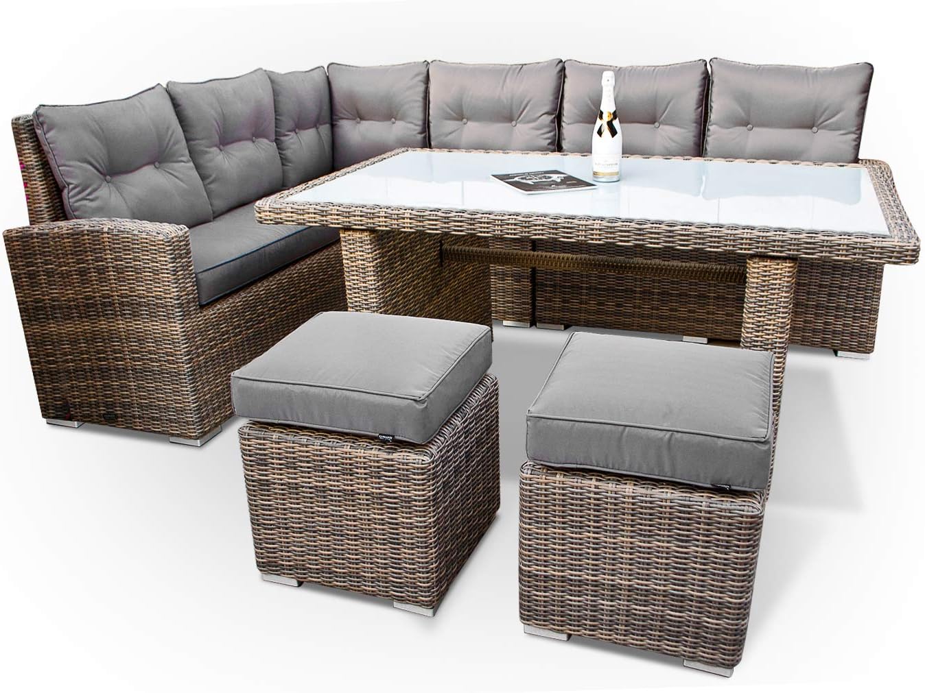 Premium PolyRattan Dining lounge - Deutscher Hersteller - 8 Jahre GARANTIE - Aluminium Gartenmöbel Essgruppe Polster Sitzkissen Grau Natur Rostfrei Esstisch Rattan Garten Sitzgruppe Tisch