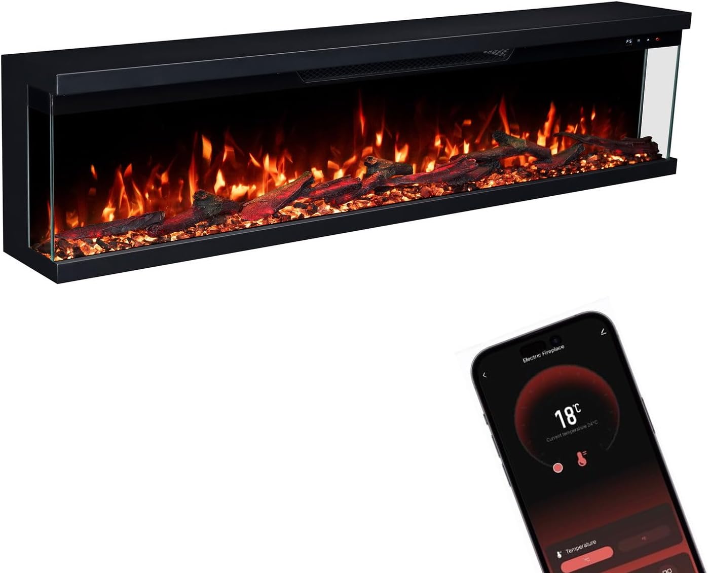 GLOW FIRE Elektrokamin Insert 152 mit realistischem 3D LED-Feuer - Wand-Elektrokamin mit Heizung und Kaminfeuer, App Steuerung, Knistereffekt & Timer, max. 1800 W, 152x35x19cm