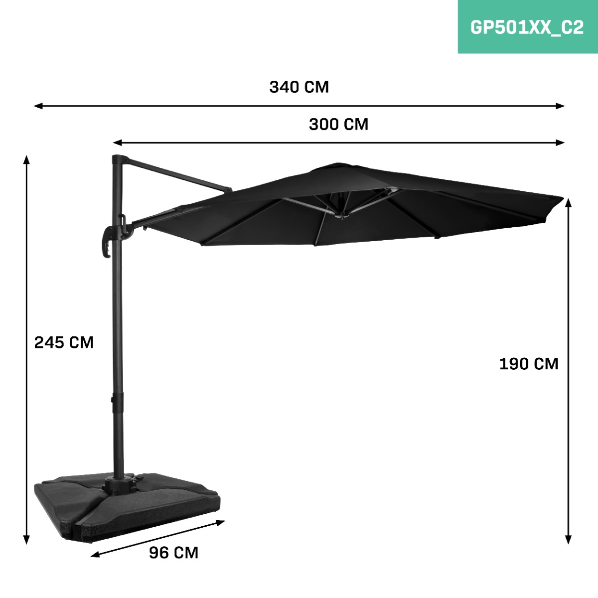 Vonroc Bardoline 300 zweefparasol met 4 tegels - Anthracite