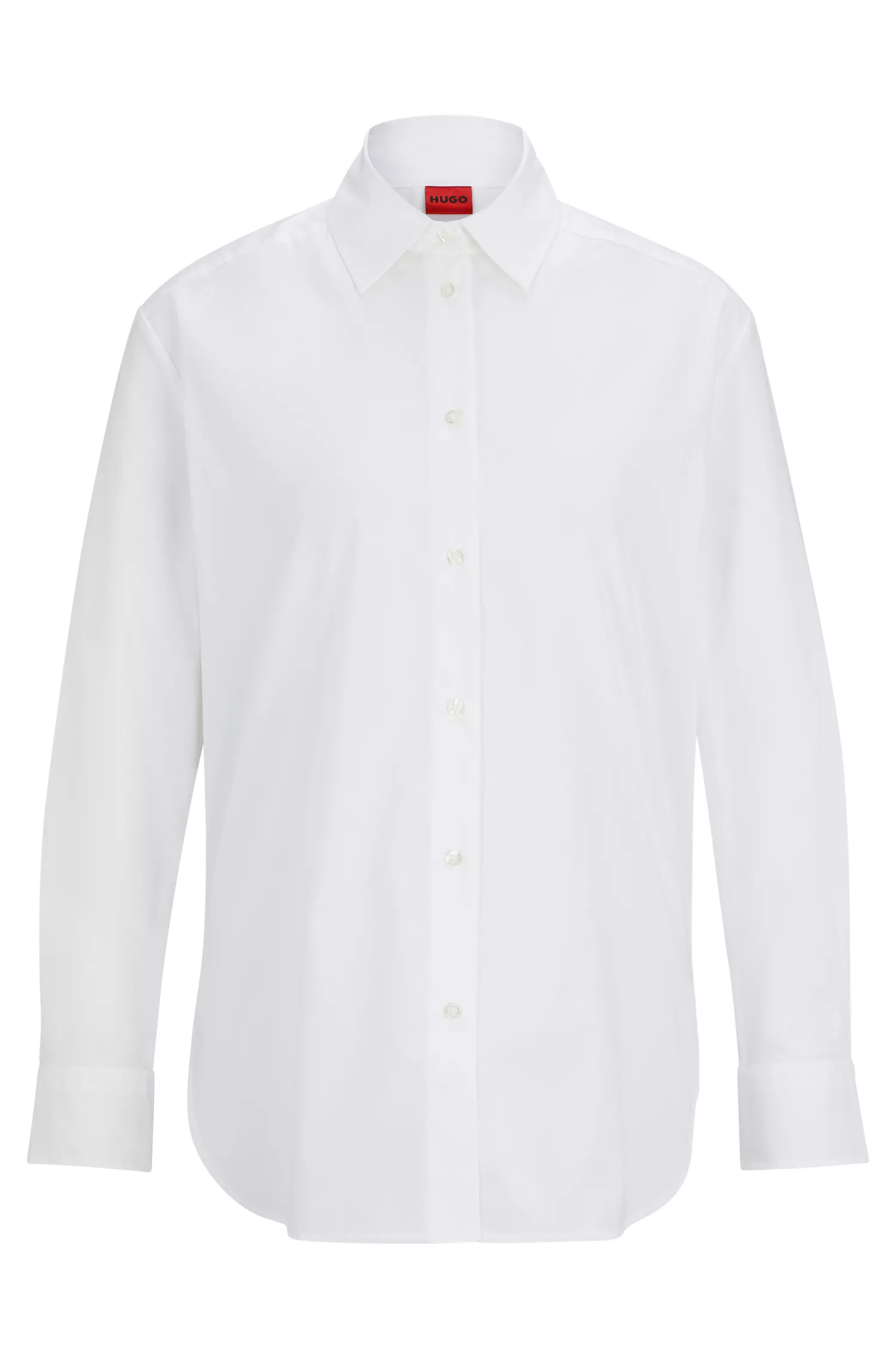 Blusa HUGO vermelha, modelagem oversized, em algodão stretch, com etiqueta vermelha com o logo.