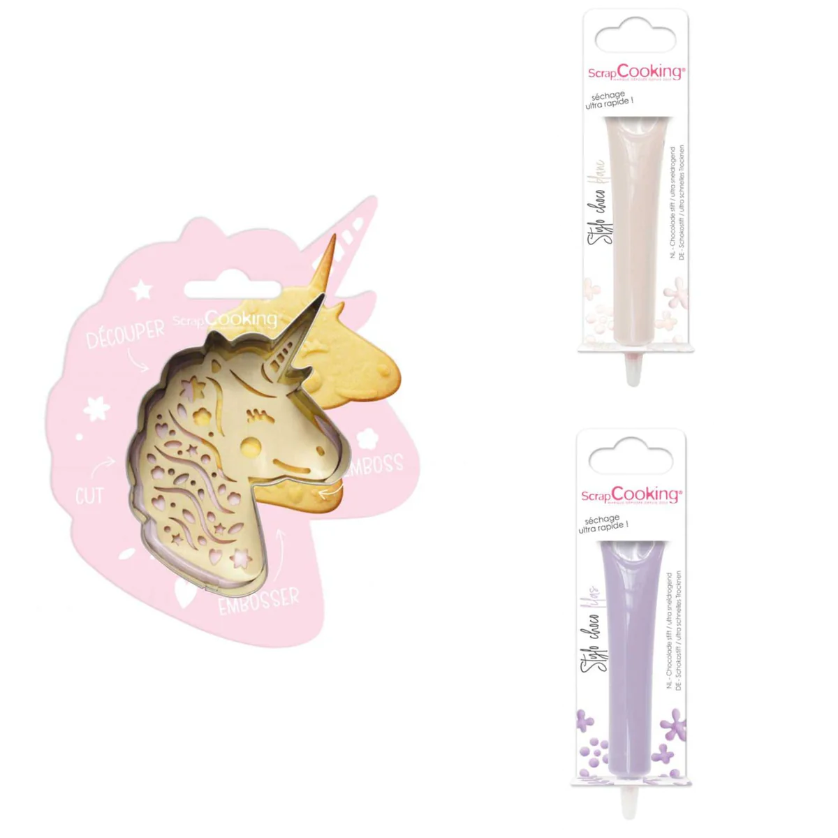 Kit pour biscuit en relief Licorne + 2 Stylos au chocolat blanc et lil