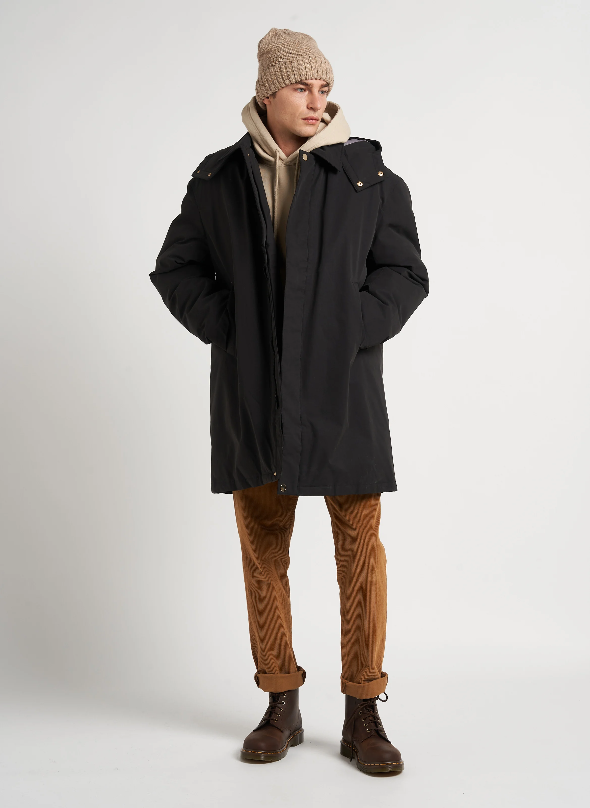 Veste col classique à capuche en coton mélangé| Noir