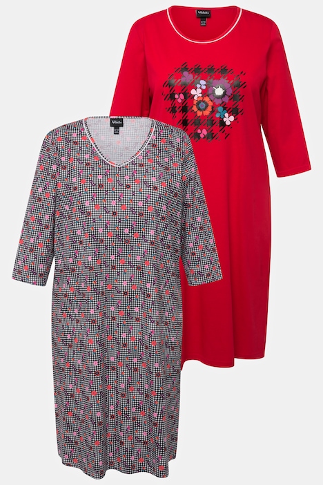Bigshirts, 2er-Pack, Hahnentrittmuster, Rundhals, 3/4-Arm