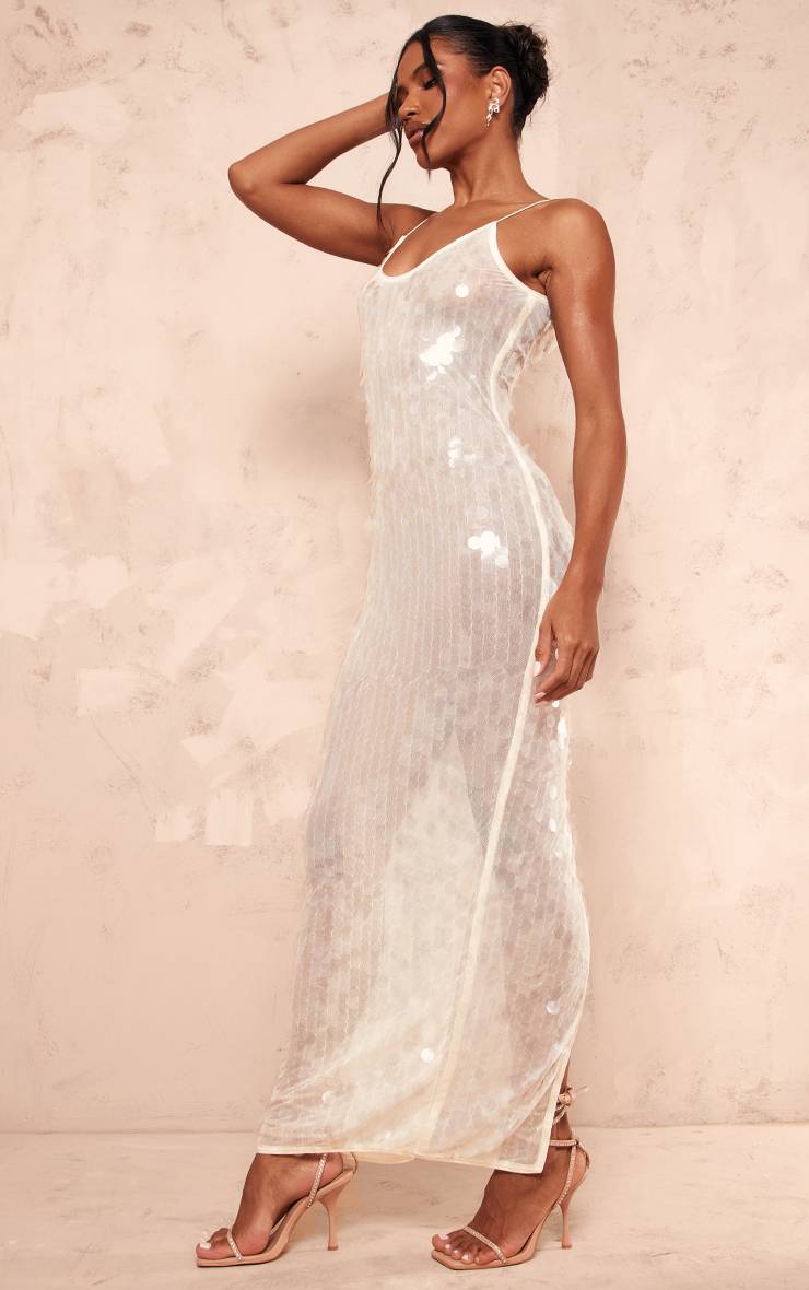 Robe Maxi Transparente À Sequins Crème