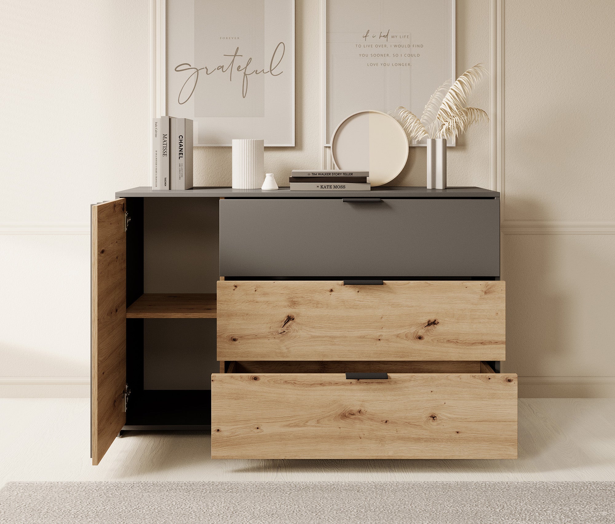 Roma - Dressoir - Grijs/eiken - 125x35x80 cm