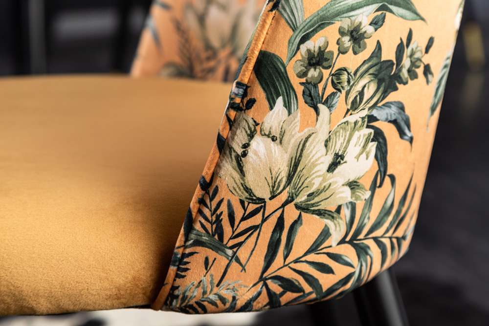 Design Stuhl PRÊT-À-PORTER gelb Samt florales Muster und goldene Fußkappen