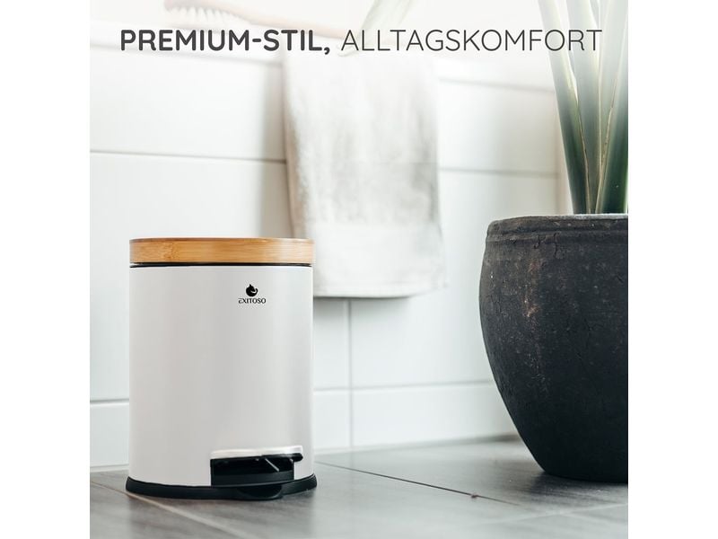 Exitoso Tretmülleimer mit Softclose-Deckel 5 l, Weiss Abfalleimer aus Bambus
